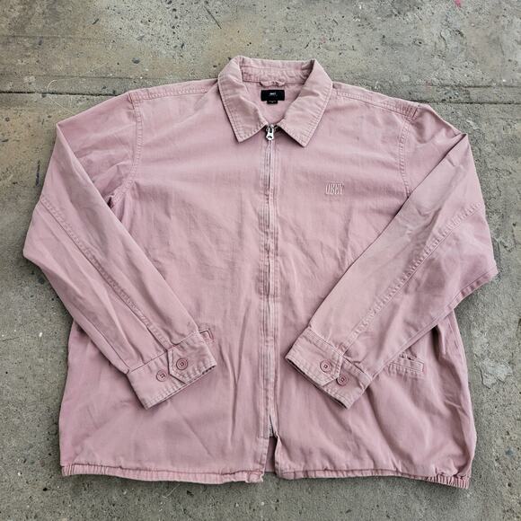 Obey Clubber Station Jacket Size XL Pink Rose Faded Bomber Canvas Full Zip Coat